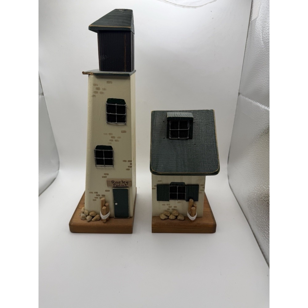 Vintage Rocky Point Lighthouse Cottage Wood Bookends Nautical Coastal Decor